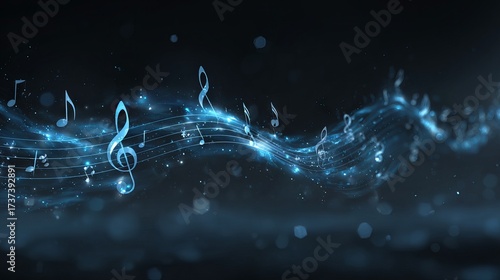 Dark blue abstract background with floating music notes and soft bokeh glow, elegant banner design for concerts, playlists, podcasts, web headers, social media, copy space wallpaper