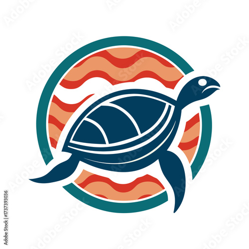 Stylized Blue Sea Turtle Swimming in Wavy Circle Keywords: sea turtle, animal, marine, ocean