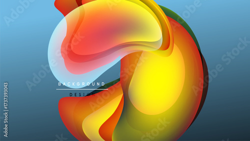 Abstract fluid shapes blend, creating vibrant color flow. Background transitions from dark to light blue. Modern design element.