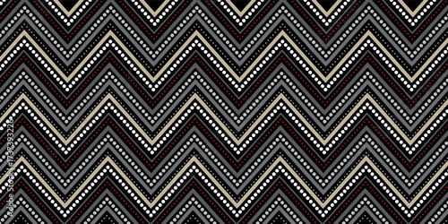 Seamless striped pattern with multicolored zigzag horizontal lines on a black background. Simple abstract design in a colorful ethnic style. Vector illustration for textile, wrapping, and cover.