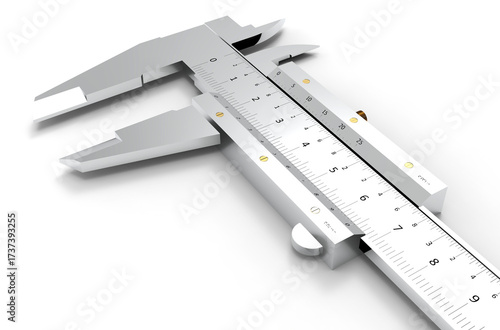 Precise metal caliper with detailed measurement markings on white background - 3D rendering