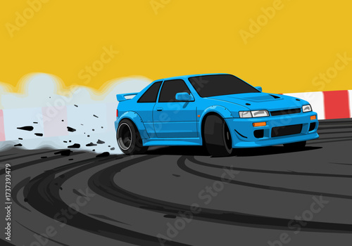 Blue Modified Car Drifting with Smoke on Asphalt Track.