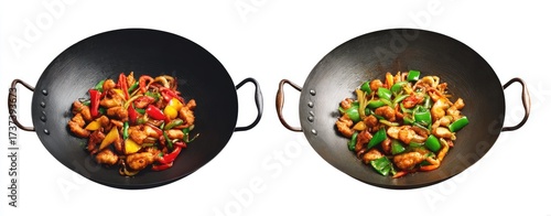 Two woks, each filled with a vibrant stir-fry of chicken and bell peppers, showcasing a delicious and colorful meal