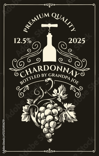 Custom Wine label with a bunch of grapes, bottle with corkscrew and inscriptions in retro style. Vector hand-drawn label with curlicues on dark background. No ai