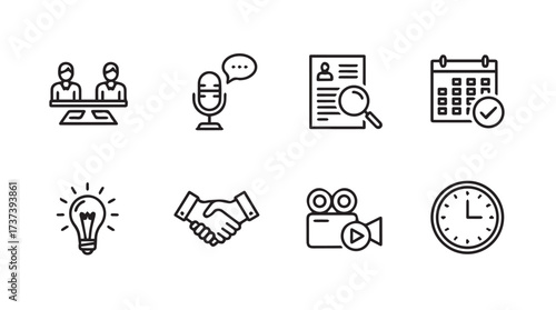 Business meeting interview recording calendar idea handshake video clock icons set vector