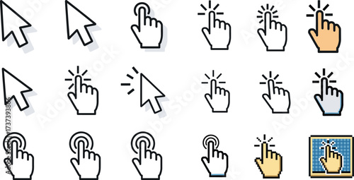 Cursor and hand gesture icon set with pixel styles, tap indicators, drag actions, click symbols, and digital UI interaction tools