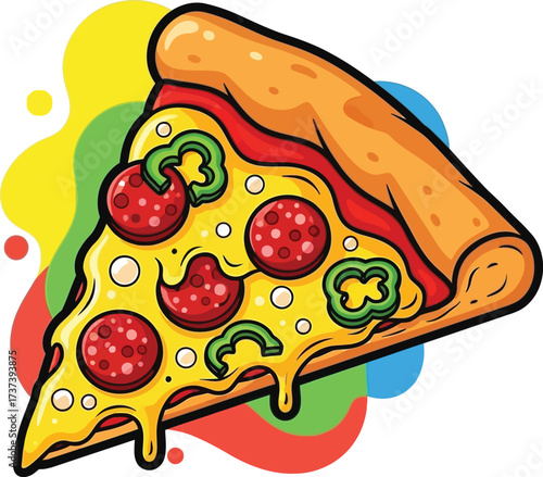 Delicious pizza slice with pepperoni and peppers ready to be enjoyed