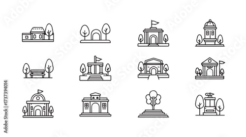 Collection of line art buildings and architecture icons for modern design and cityscapes vector