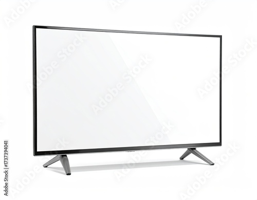 Angled shot of a modern, flat-screen TV with blank white screen, set on angled legs