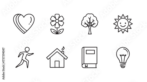 Set of hand drawn simple icons representing nature love home and ideas in sketchy style vector