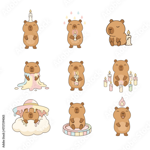 Capybaras celebrating birthdays with vibrant candles. Perfect for greeting cards, party invitations, social media posts, and festive designs.