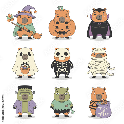 Nine capybaras in halloween costumes for festive designs. Perfect for greeting cards, social media posts, party invitations, and seasonal graphics.