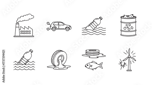 Environmental pollution icons depicting industrial waste water car trash fish and oil spills vector