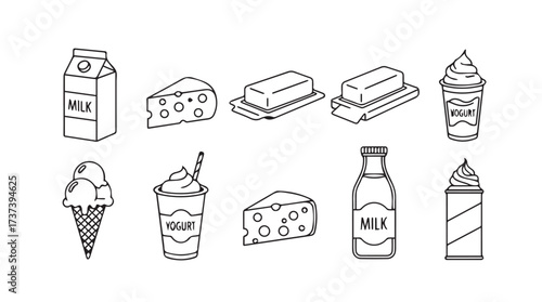 Hand drawn dairy products collection featuring milk cheese ice cream and butter in sketch style vector
