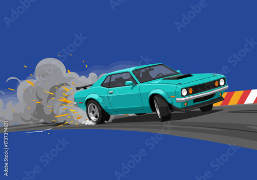 Teal Muscle Car Drifting with Smoke and Sparks on Track.