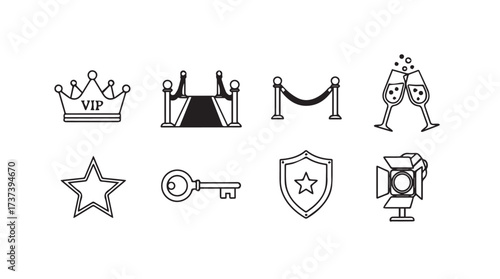 Collection of hand drawn celebrity icons including crown red carpet star and champagne glasses vector