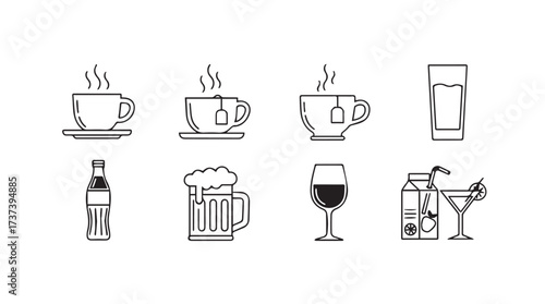 Diverse collection of hand-drawn beverage icons for drinks and refreshments vector