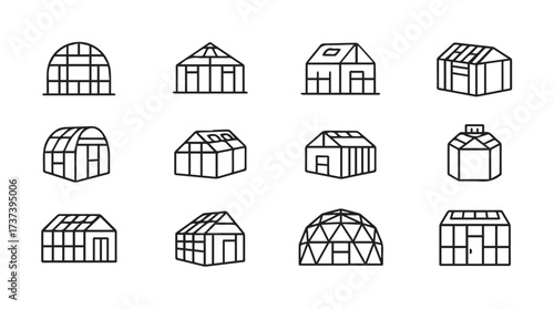 Diverse greenhouse designs icons set simple outline drawings for gardening and agriculture concepts vector