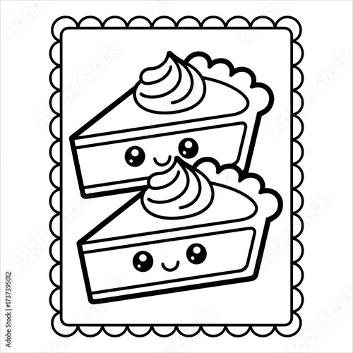Cute Pie Coloring Page Vector, Cartoon Dessert Food Illustration for Kids, Kawaii Pie Slice Coloring Book Page, Sweet Dessert Printable Vector, Cartoon Pie Coloring Sheet, Cute Food Outline Drawing.