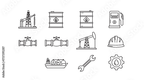 Collection of industrial and energy icons oil gas mining energy production equipment tools and safety gear vector