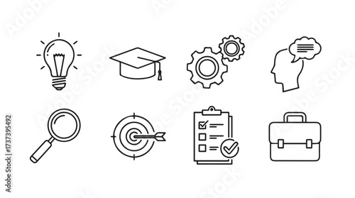 Hand drawn business icons set lightbulb graduation cap gears brain magnifying glass target clipboard briefcase vector