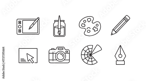 Creative tools icons set drawing tablet camera paint palette pencil pen nib and color wheel hand drawn vector