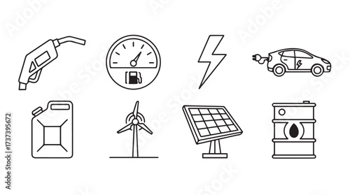 Diverse energy source icons representing fossil fuels and renewable alternatives for transportation and power vector