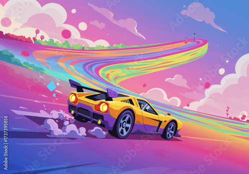 Cartoon Yellow Sports Car Drifting on Rainbow Road.
