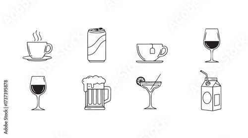 Set of hand drawn beverage icons including coffee tea soda wine and cocktails vector