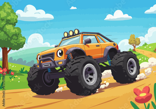 Cartoon Orange Monster Truck with Big Tires on a Dirt Road.