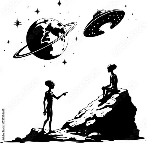 UFO and Aliens Meeting Illustration