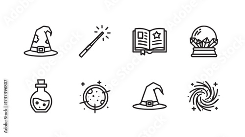 Enchanting collection of hand-drawn magic icons featuring wizard hats potions and crystal ball vector