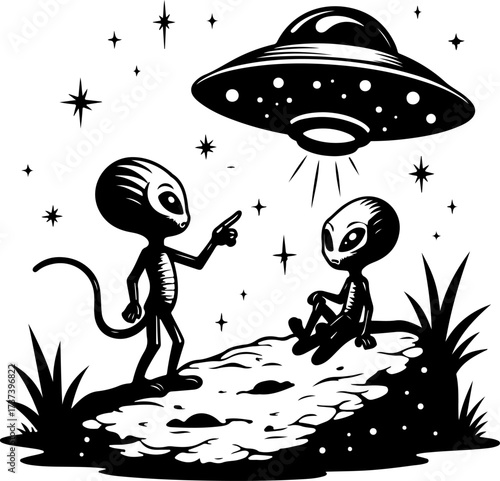 UFO and Aliens Meeting Illustration