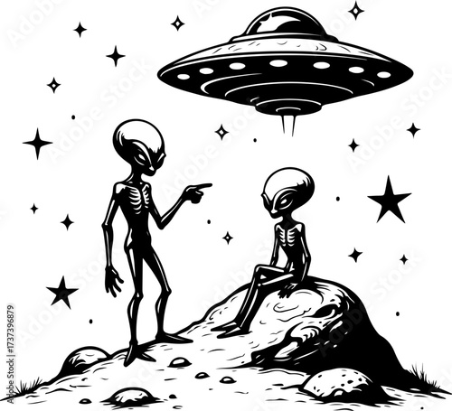 UFO and Aliens Meeting Illustration