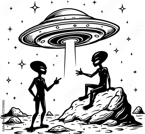 UFO and Aliens Meeting Illustration