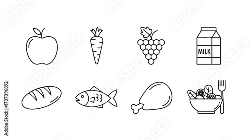 Set of delicious hand-drawn food icons fresh fruits vegetables dairy meat bread and fish vector