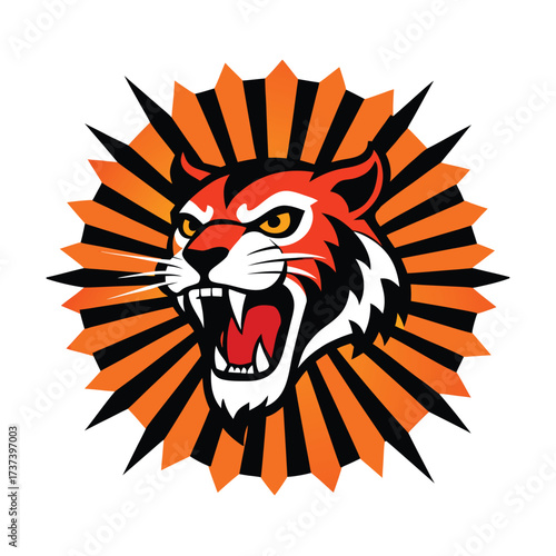 Fierce Tiger Head Emblem with Sunburst Background Keywords: tiger, animal, head, face, roaring