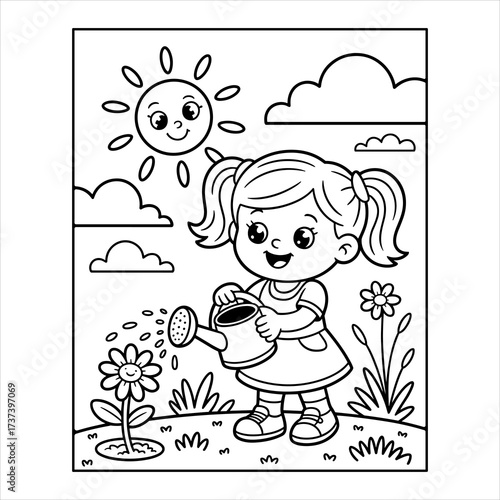 Cute Girl Watering Flowers Coloring Page Vector for Kids, Little Girl Gardening with Watering Can Line Art Illustration, Spring Garden Girl Coloring Book Page Vector Design.