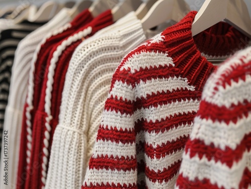 A row of sweaters hanging on a rack, shopping sale.