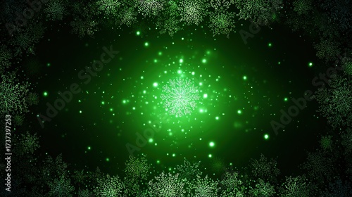 Christmas green snowflake background, glowing and festive, with intricate snowflake details, copy space.