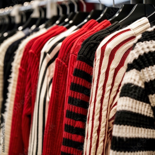 A row of sweaters hanging on a rack, shopping sale.