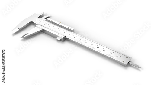 Precise metal caliper with detailed measurement markings on white background - 3D rendering