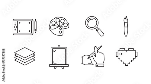 Set of 8 hand drawn creative design icons representing digital art tools and concepts vector