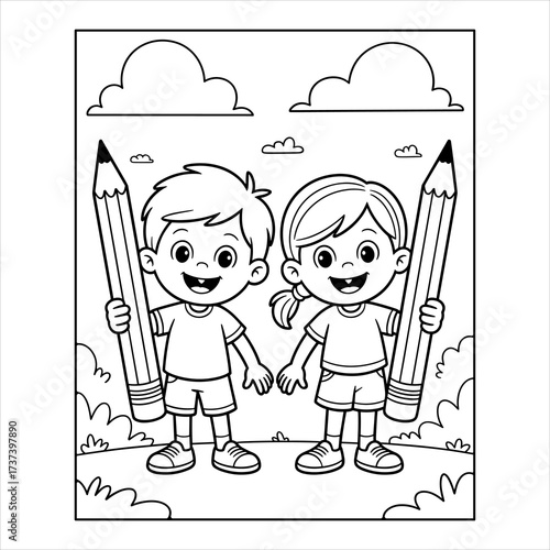 Kids Holding Pencils Coloring Page Vector Illustration, Cartoon Children with Big Pencils Black and White Drawing, Boy and Girl with Pencils Cute Coloring Book Vector.