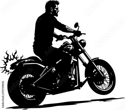 Biker with Beard on Flaming Motorcycle Graphics Black