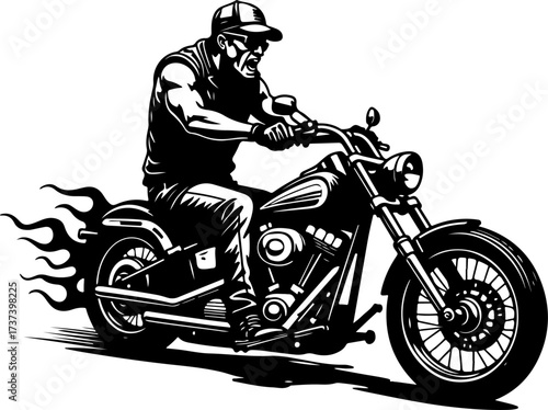 Biker with Beard on Flaming Motorcycle Graphics Black