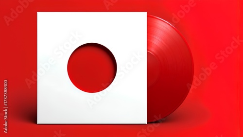 A vibrant red vinyl record is partially pulled from a white paper sleeve with a circular cutout, set against a solid red background. Minimalist mockup.