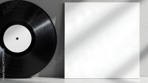 A classic black vinyl record leans against a blank white album cover, with soft diagonal window light casting shadows. Perfect for music branding mockups.