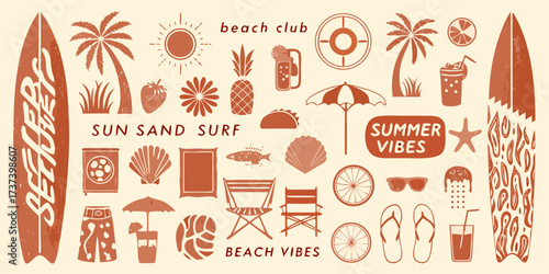 Summer beach club vacation elements with sun sand surf and beach vibes text