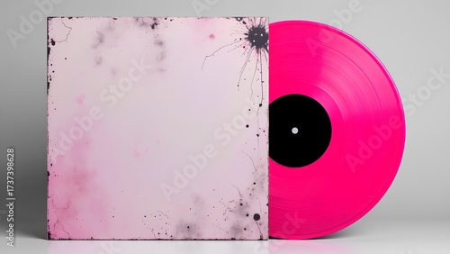 A bright pink vinyl record is paired with a light pink, textured album cover featuring black ink splatters and a grunge aesthetic.